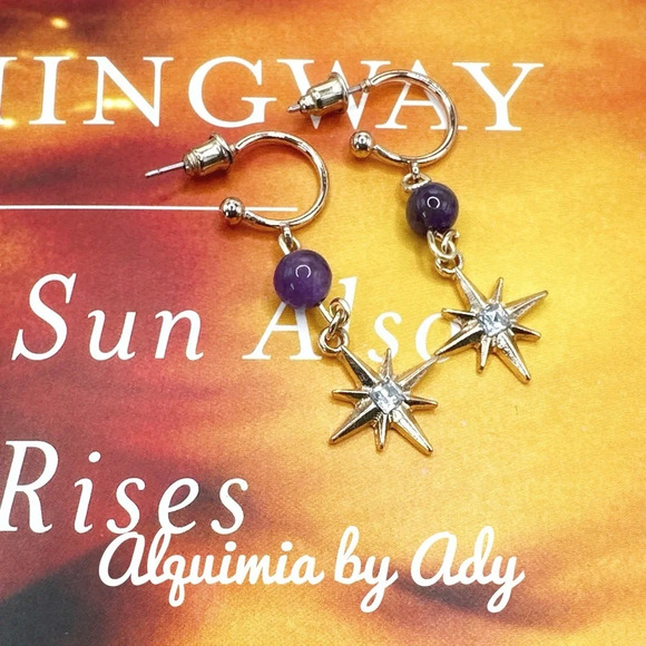 Amethyst dangle long stars statement earrings/Crown chakra - Picture 1 of 5